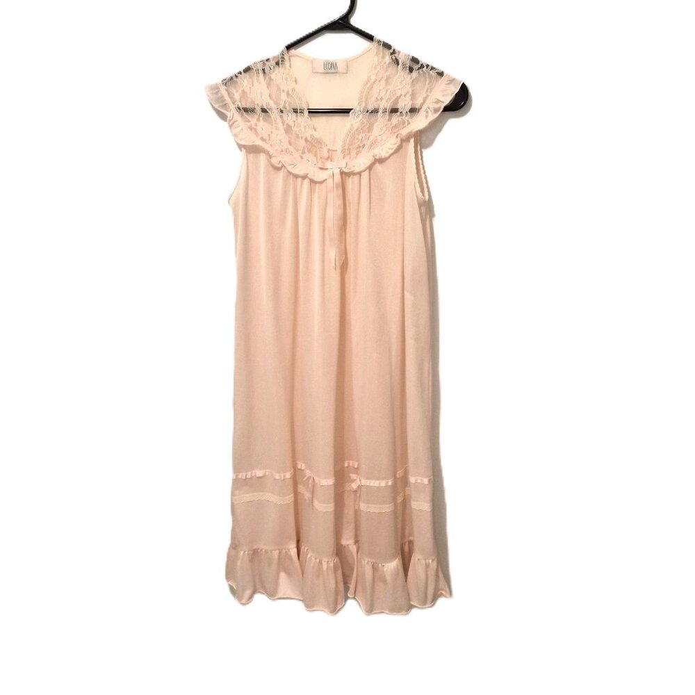 VTG Peach Nylon Slip Dress Leona Lace Ruffle Nightgown w/Bows Romantic Layering